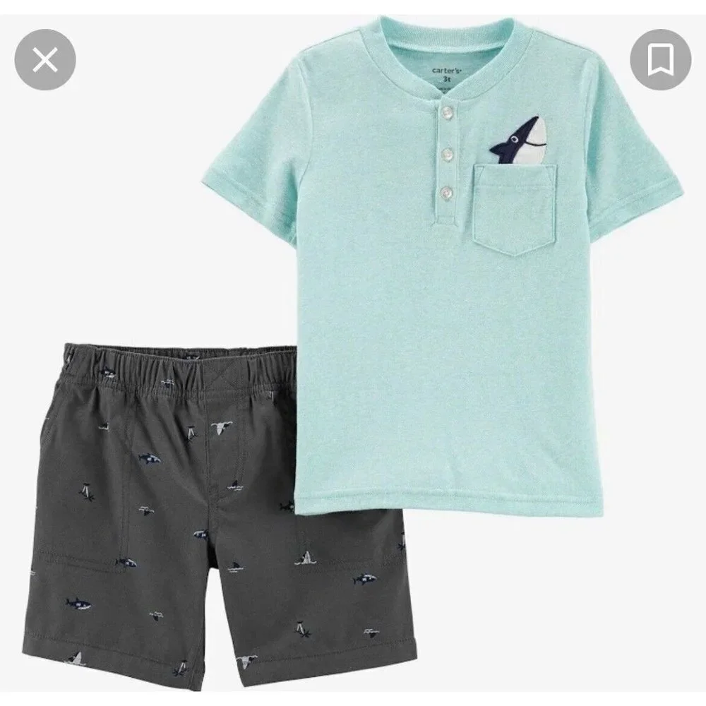 Boys 3 Months Shark Shirt, Short Set Knit Shorts Outfit Set NWT Carter's Blue (4